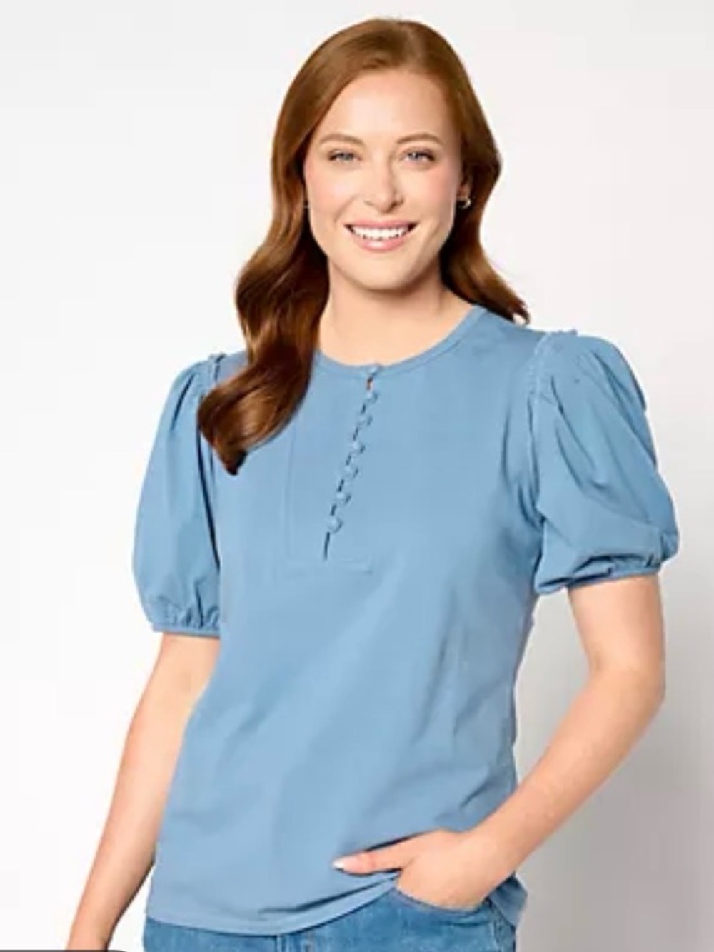 AnyBody Blue Puff Short Sleeve Henley Top Blouse Plus Size 2XL Boho Casual Knit - Picture 9 of 9